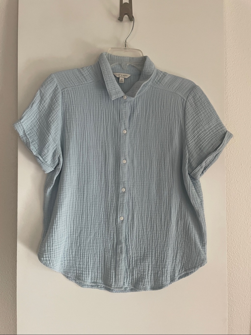 LUCKY Pure Crepe Cotton Short Sleeve Button Up Shirt Top Lt. Blue NWOT
